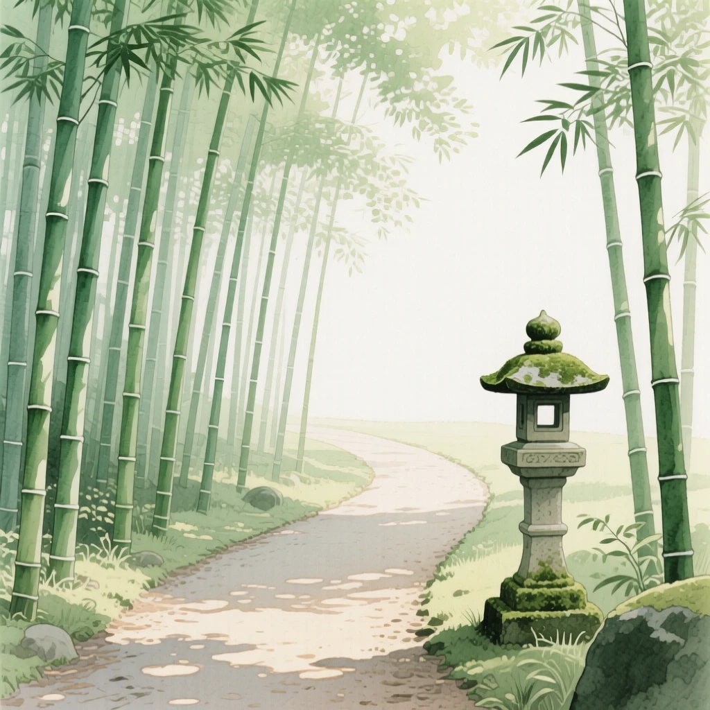 A quiet bamboo forest path with dappled sunlight filtering through tall green stalks and a stone lantern beside the trail