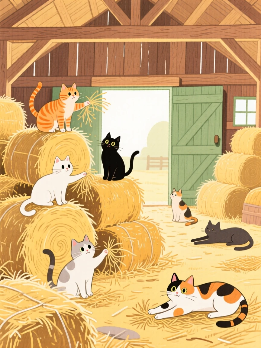 A barn full of hay bales and curious farm cats, peaceful and full of gentle motion.