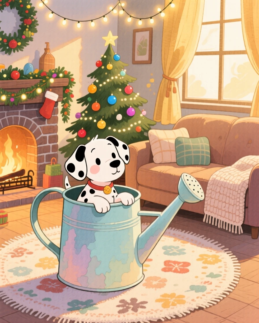 A spotted dalmatian puppy peeking out of a garden watering can, set in a snug living room decorated for the holidays, brimming with cozy comfort.