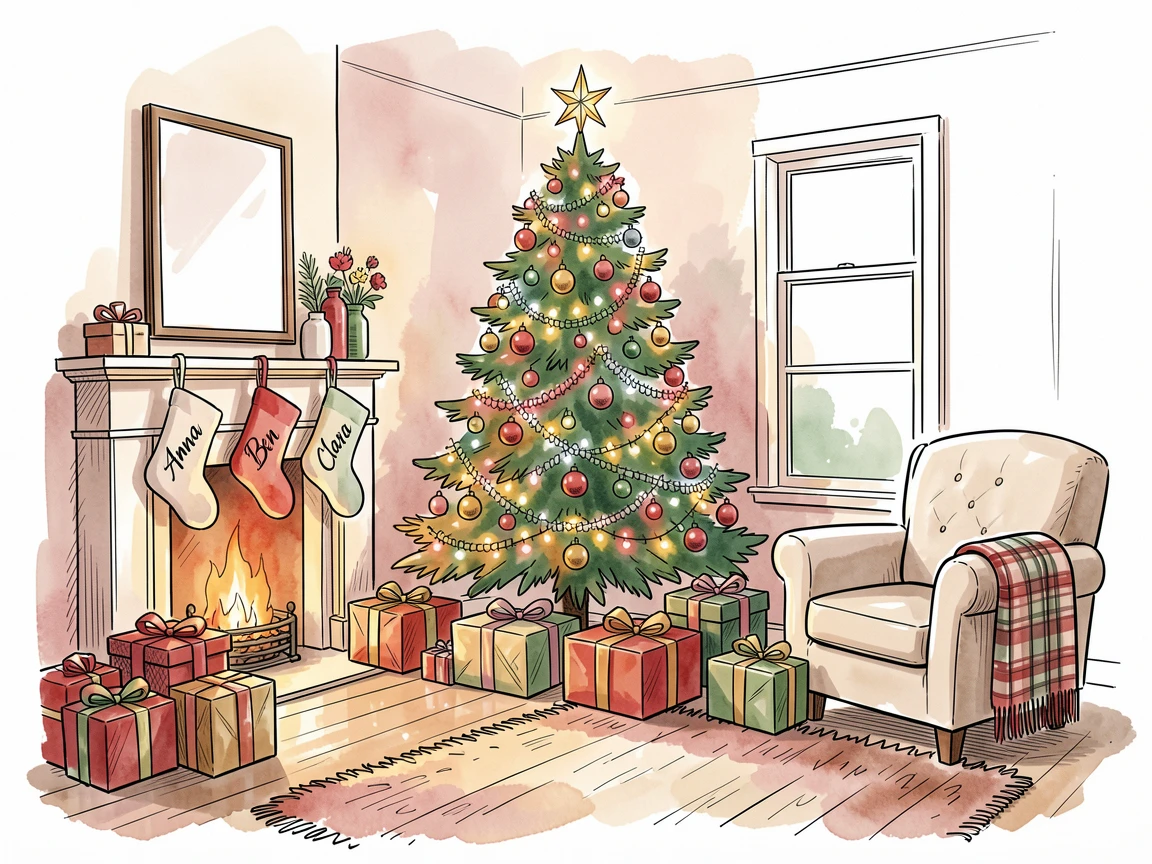 A festive Christmas morning scene with presents beneath a decorated tree, a nostalgic, comforting atmosphere settling over the scene.