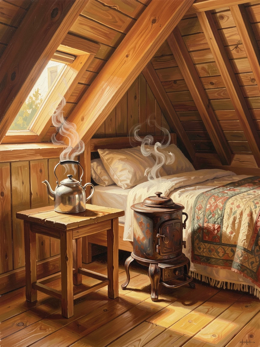 A cozy attic bedroom beneath sloped wooden beams, steam rising gently from a cup of tea, with a steaming kettle resting on an old iron stove, in the soft, golden light of late afternoon.