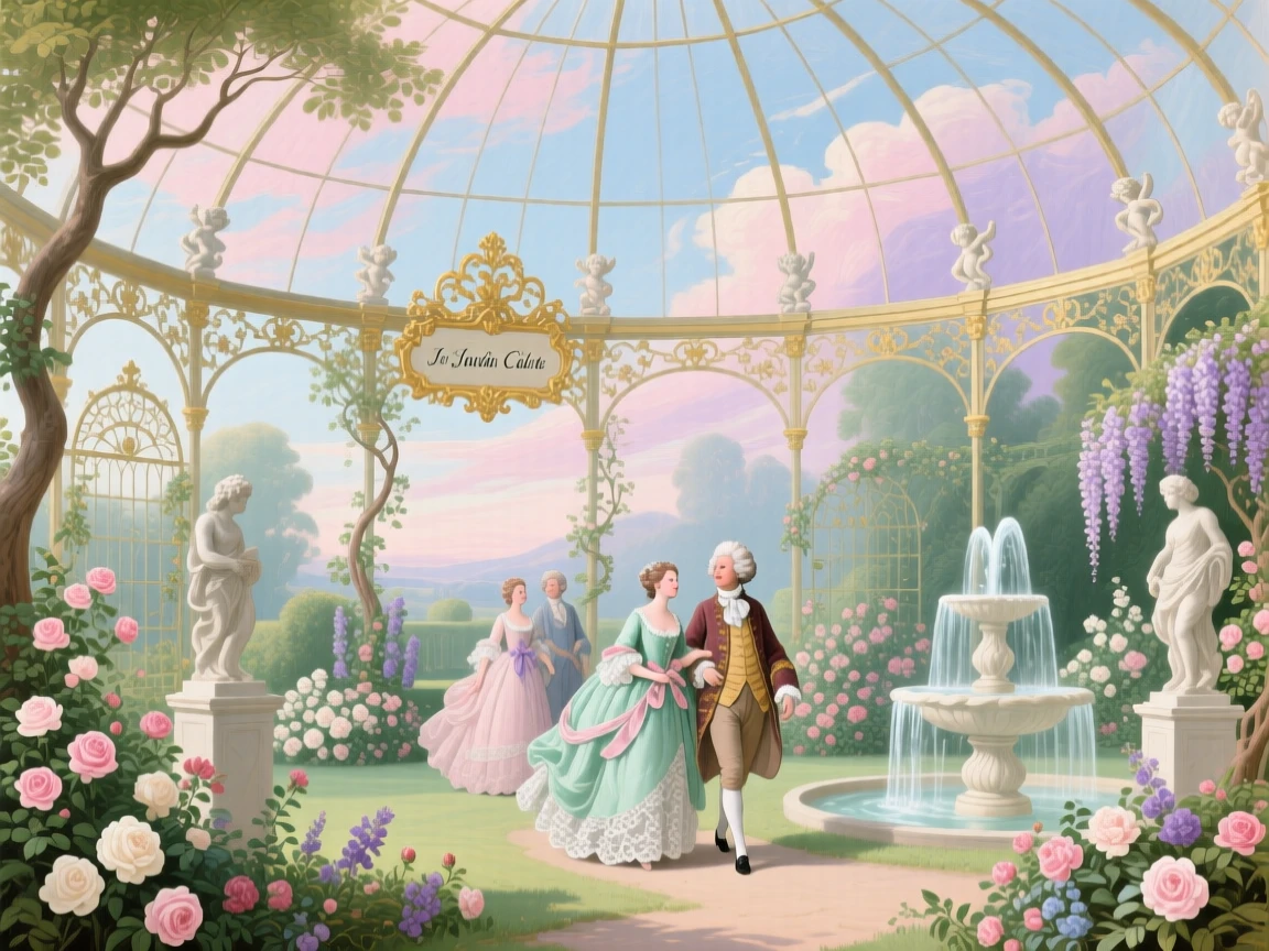 A garden inside a giant glass dome drifting through the sky  