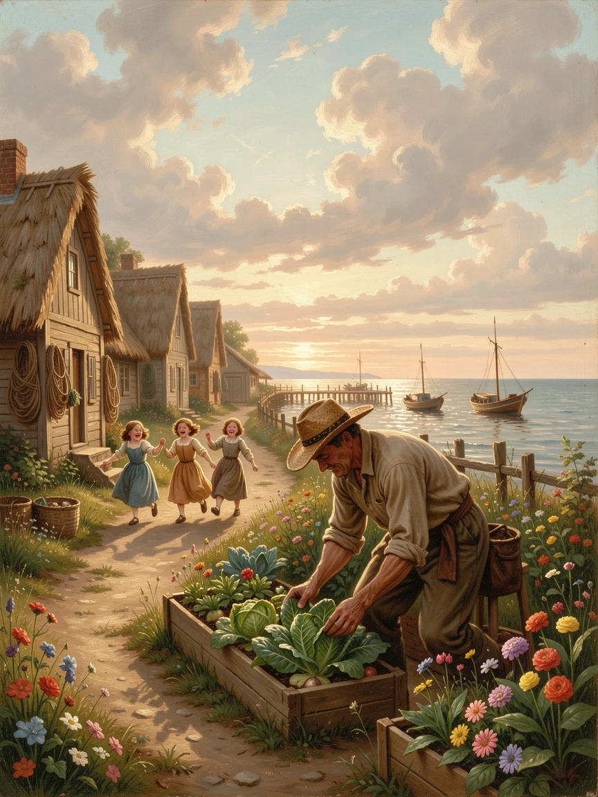 A farmer tends his garden in a coastal fishing village while children play in the lane.