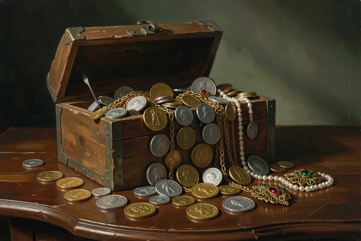 A collection of antique coins and jewelry spilling from a wooden chest, as delicate shadows fall across the surrounding surface, designed as a sophisticated piece for upscale interior decor