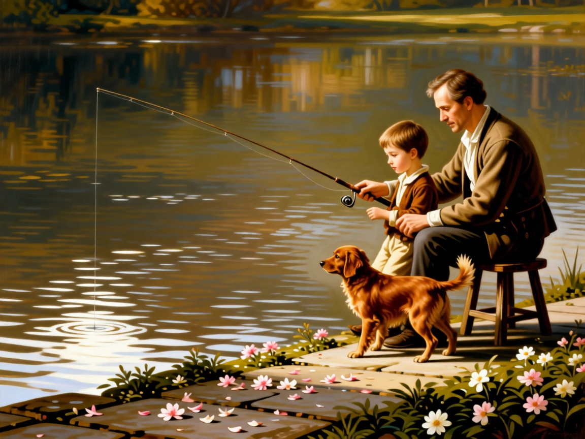 A grandfather teaching his grandson to fish at a quiet pond in a scene glowing with warmth and quiet devotion, set beside a garden path scattered with fallen blossoms, with a family pet weaving happily between the figures; a soft, blurred background keeps the emotional connection in sharp focus, capturing a fleeting moment worth holding onto forever.