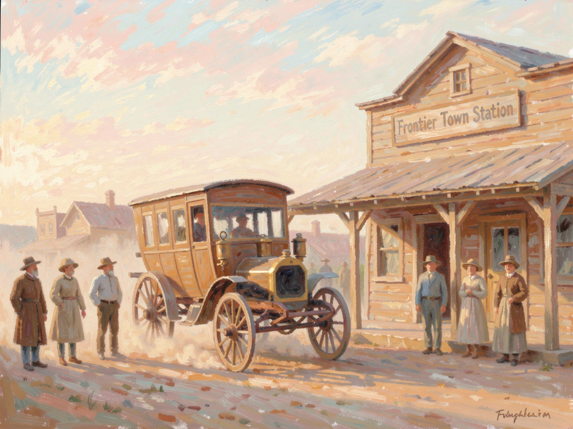 An old stagecoach arriving at a dusty frontier town station as townsfolk gather to watch, filled with a cozy, comforting atmosphere.