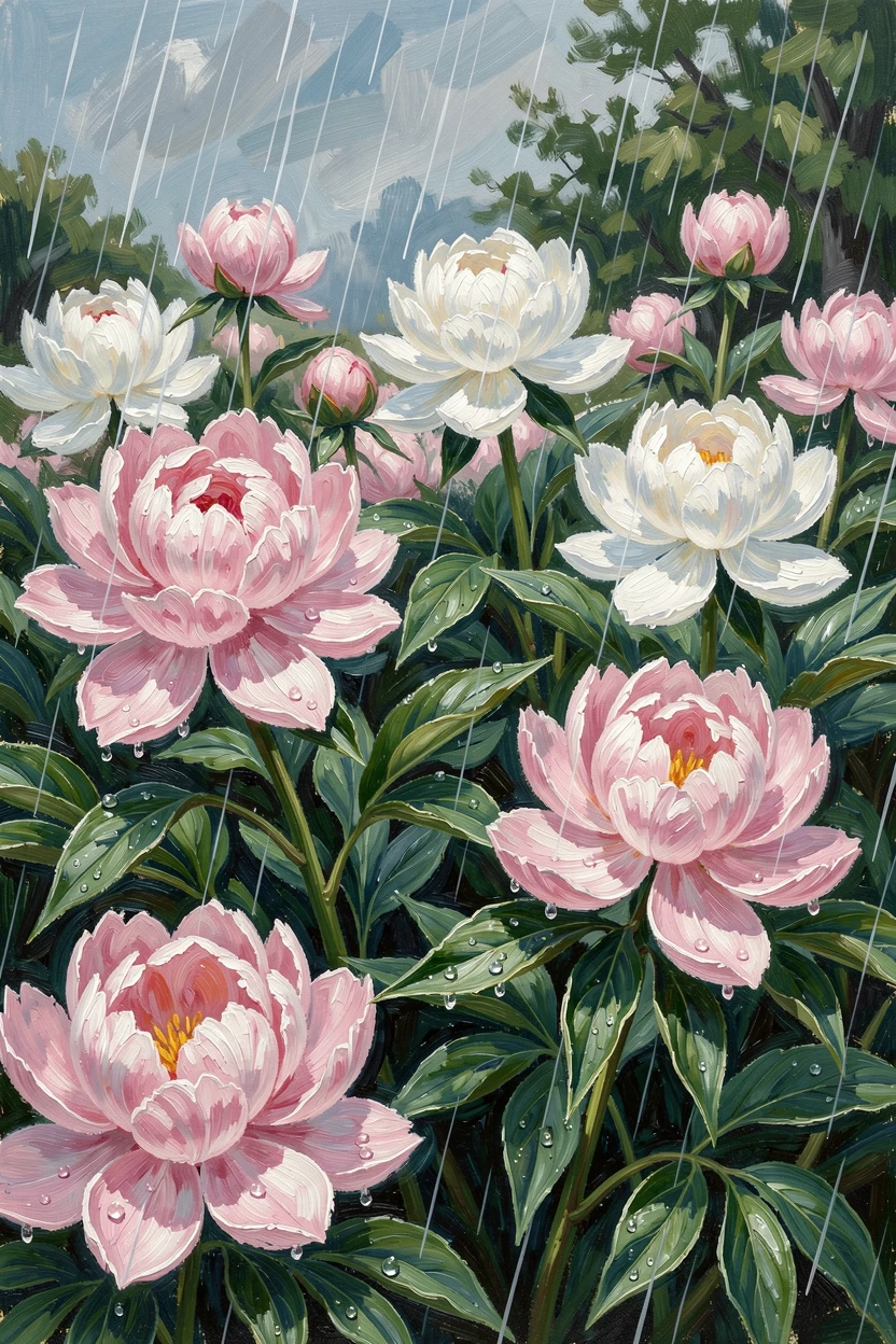 A garden of blooming peonies in soft pink and white beneath a spring drizzle.