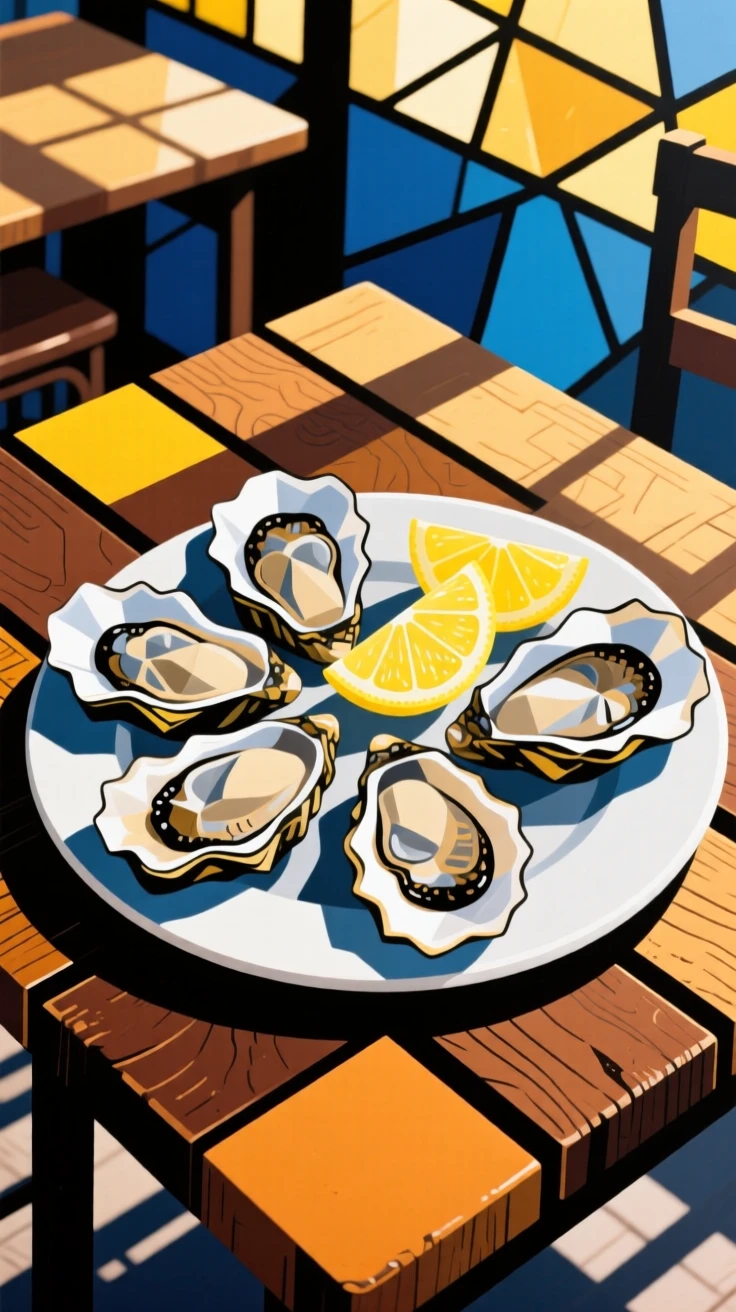 A mouthwatering image of a plate of fresh oysters with lemon wedges served on a rustic wooden table at a sunlit café.