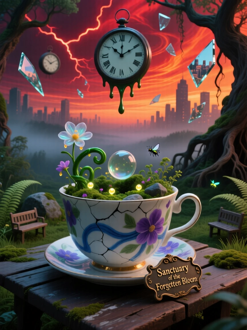 A quiet garden growing inside a forgotten teacup continues on peacefully, unaware of the giant world beyond it, as a soft hum of unseen life drifts outward.