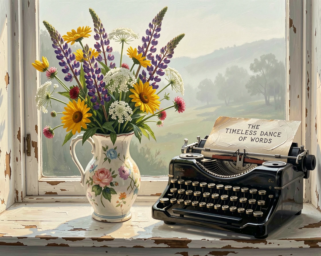 A bouquet of wildflowers in a mismatched vintage vase sits on a windowsill, petals catching soft afternoon light beside an old typewriter, the air carrying a faint mist that softens distant shapes without obscuring the overall view.