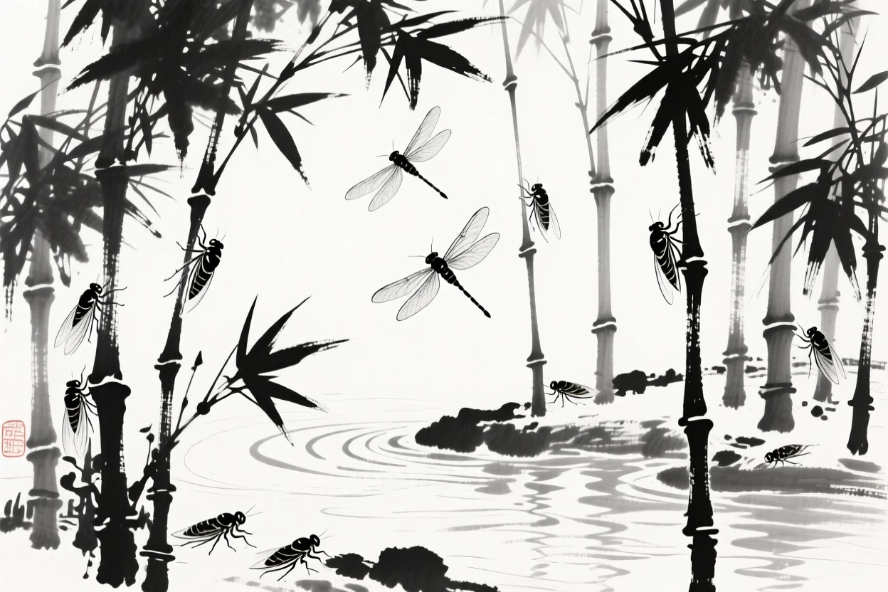 Cicadas fill the air with sound in a shaded bamboo grove, as dragonflies dart above the water's surface.