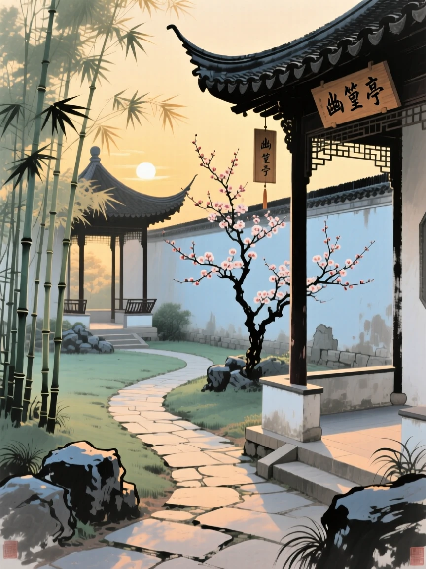 A walled garden with a winding path leading to a hidden pavilion, in the last golden light of day.