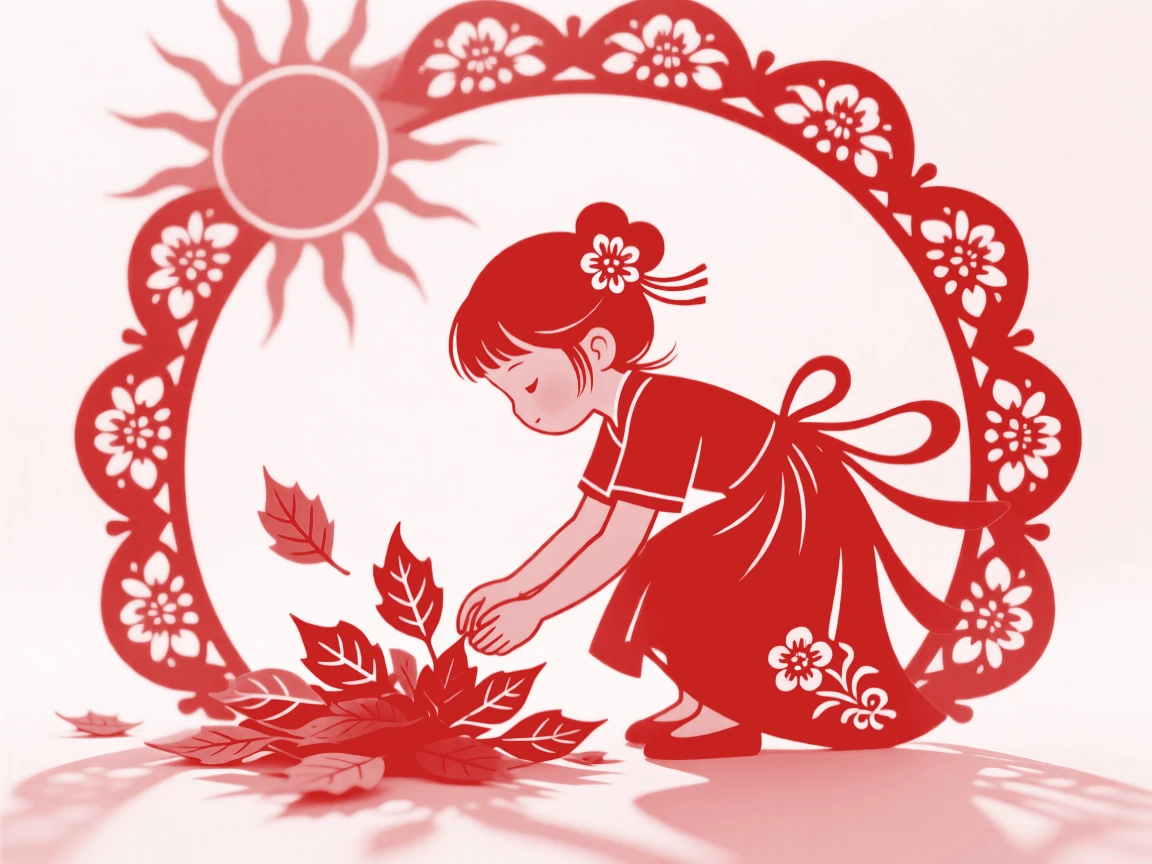 A little girl in a red dress, gathering fallen leaves into a small pile, a warm afternoon sun casting long gentle shadows.