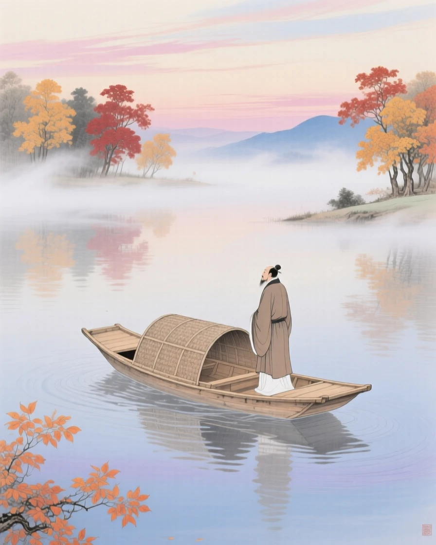 A single boat crossing a misty lake on a cool autumn morning, beneath a sky streaked with the colors of early morning