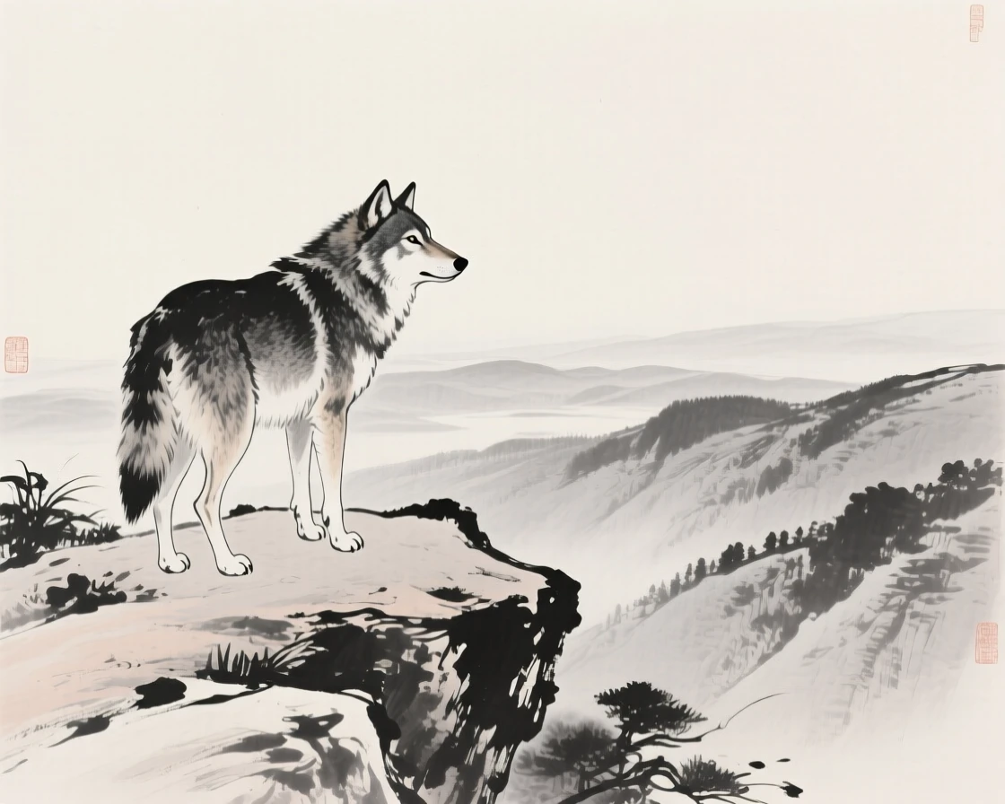 A wolf pausing at the edge of a quiet clearing on a rocky outcrop above a valley, captured in profile against a soft, empty background, capturing a fleeting, tender moment of wild life.