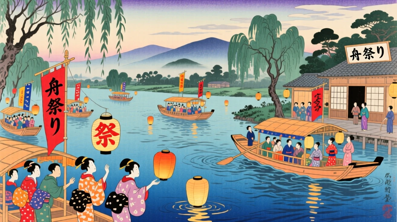 A river boat festival bursting in brilliant colors above a river.