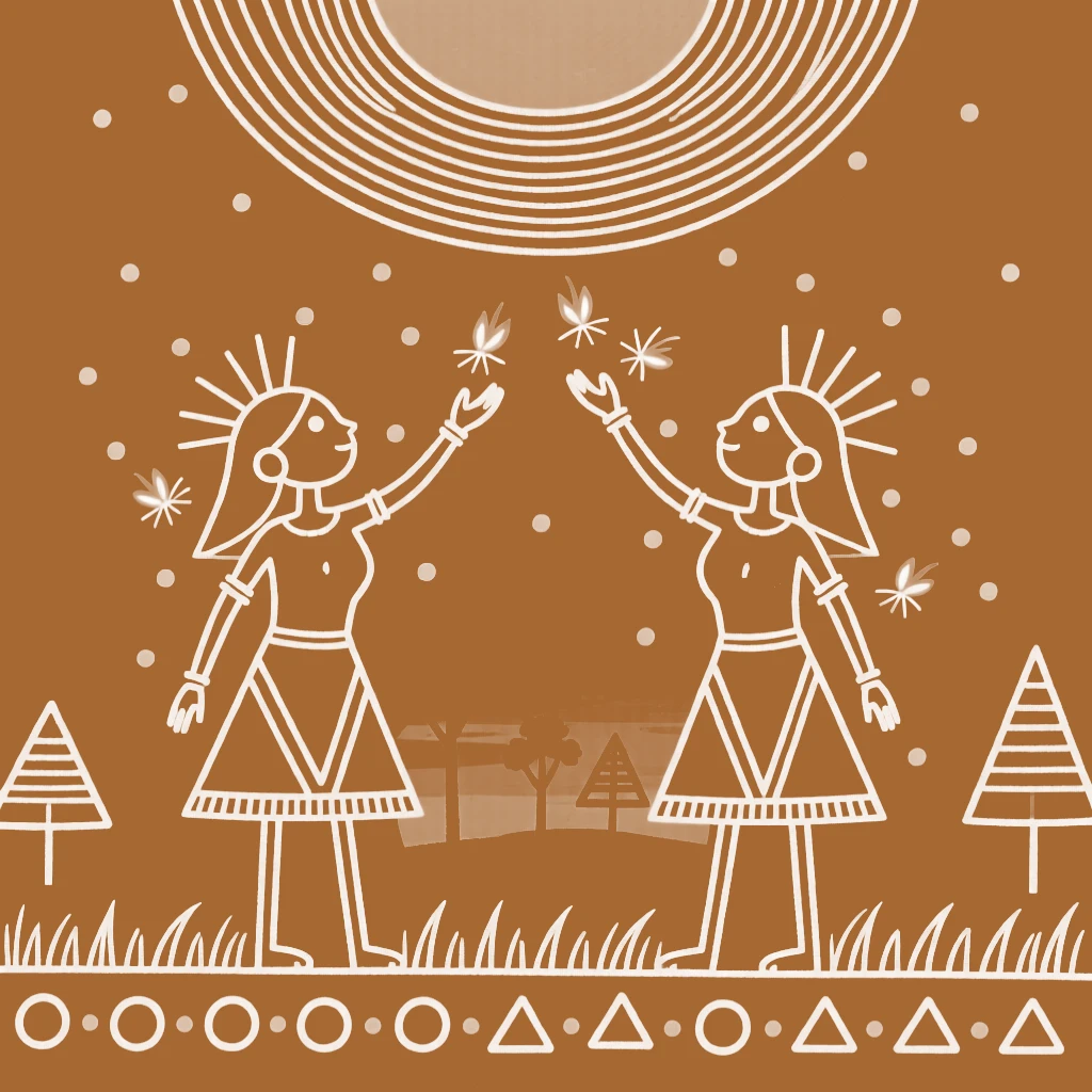 Twin sisters catching fireflies at dusk.