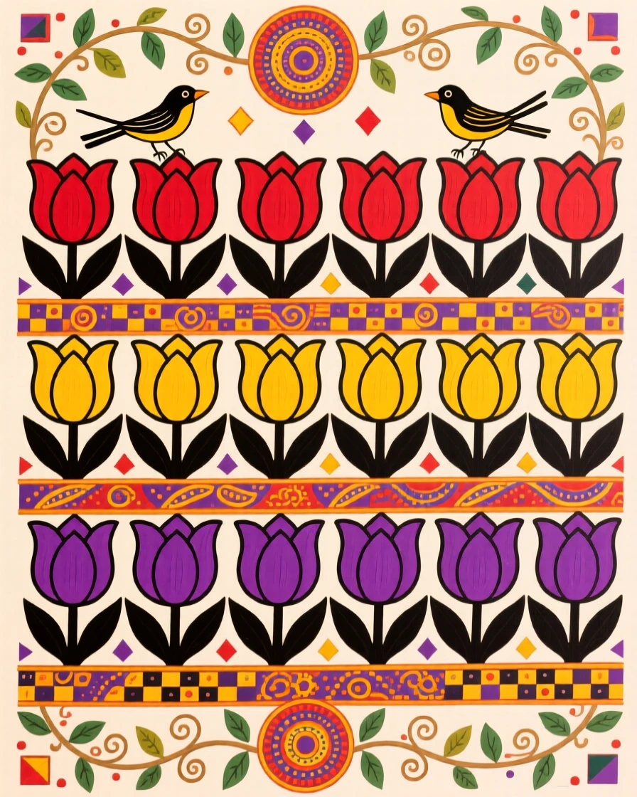 A field of tulips arranged in bands of red, yellow, and purple.