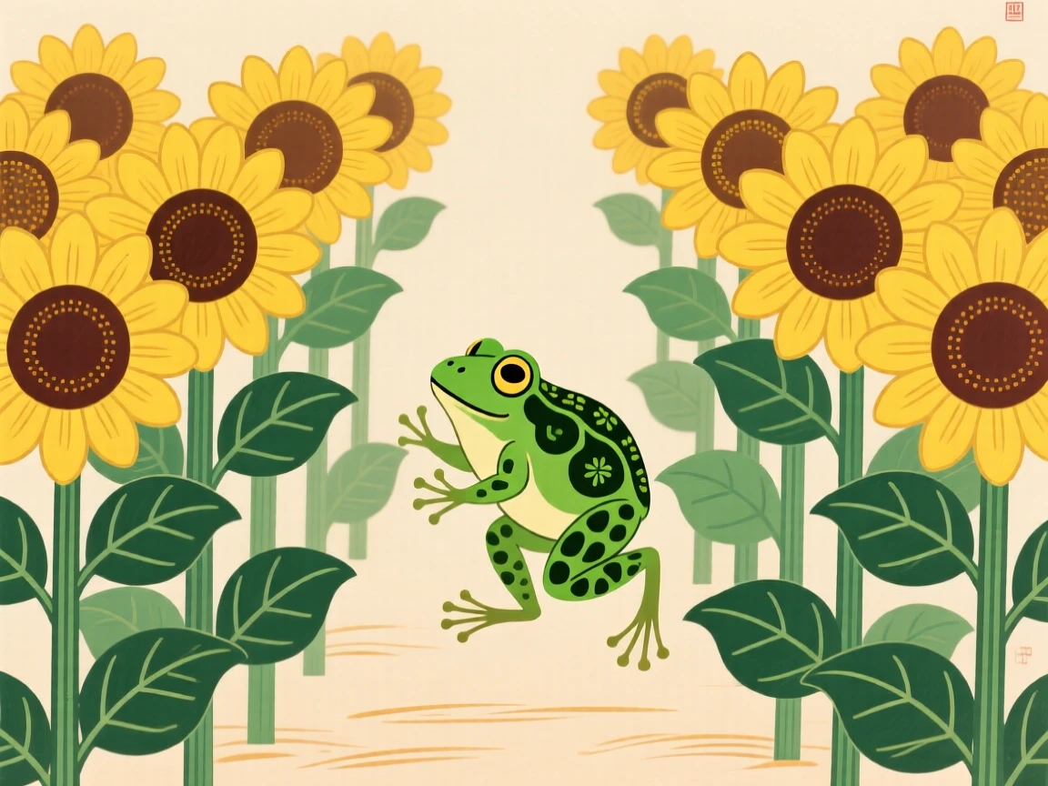 A small green frog flitting between rows of sunflowers.