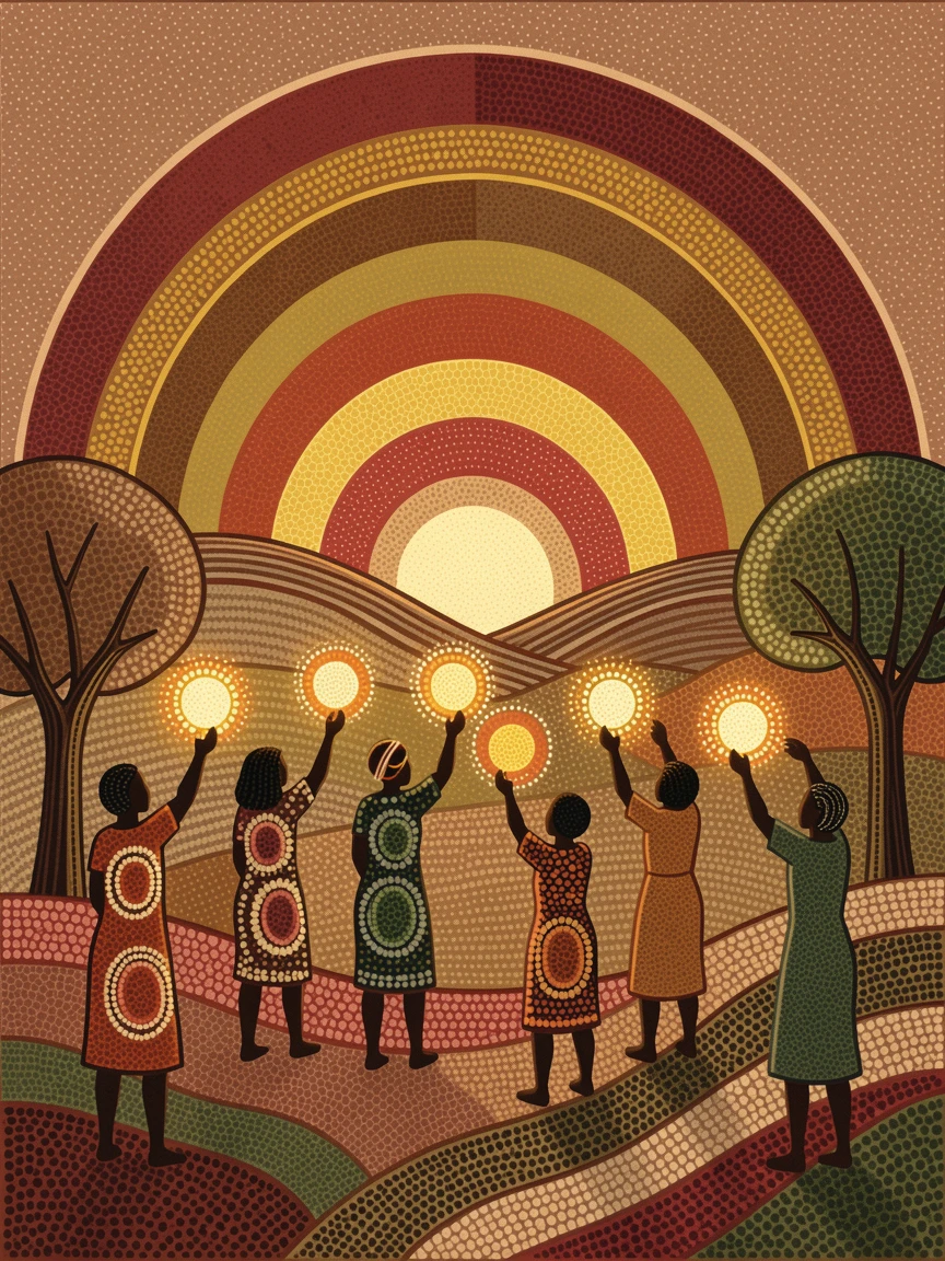 Villagers celebrating a lantern release festival at sunrise