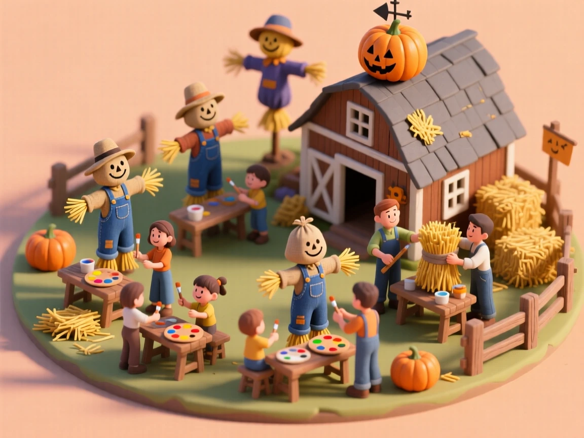 A Halloween scarecrow-building contest at a farm, families stuffing straw into overalls and painting burlap faces.