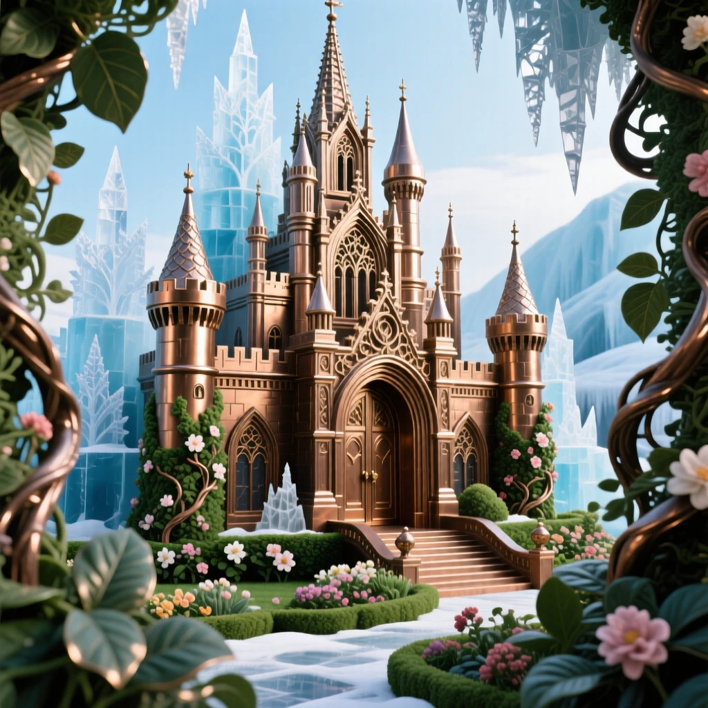 A majestic ice palace carved for a winter festival, surrounded by lush, verdant gardens, exuding timeless grandeur