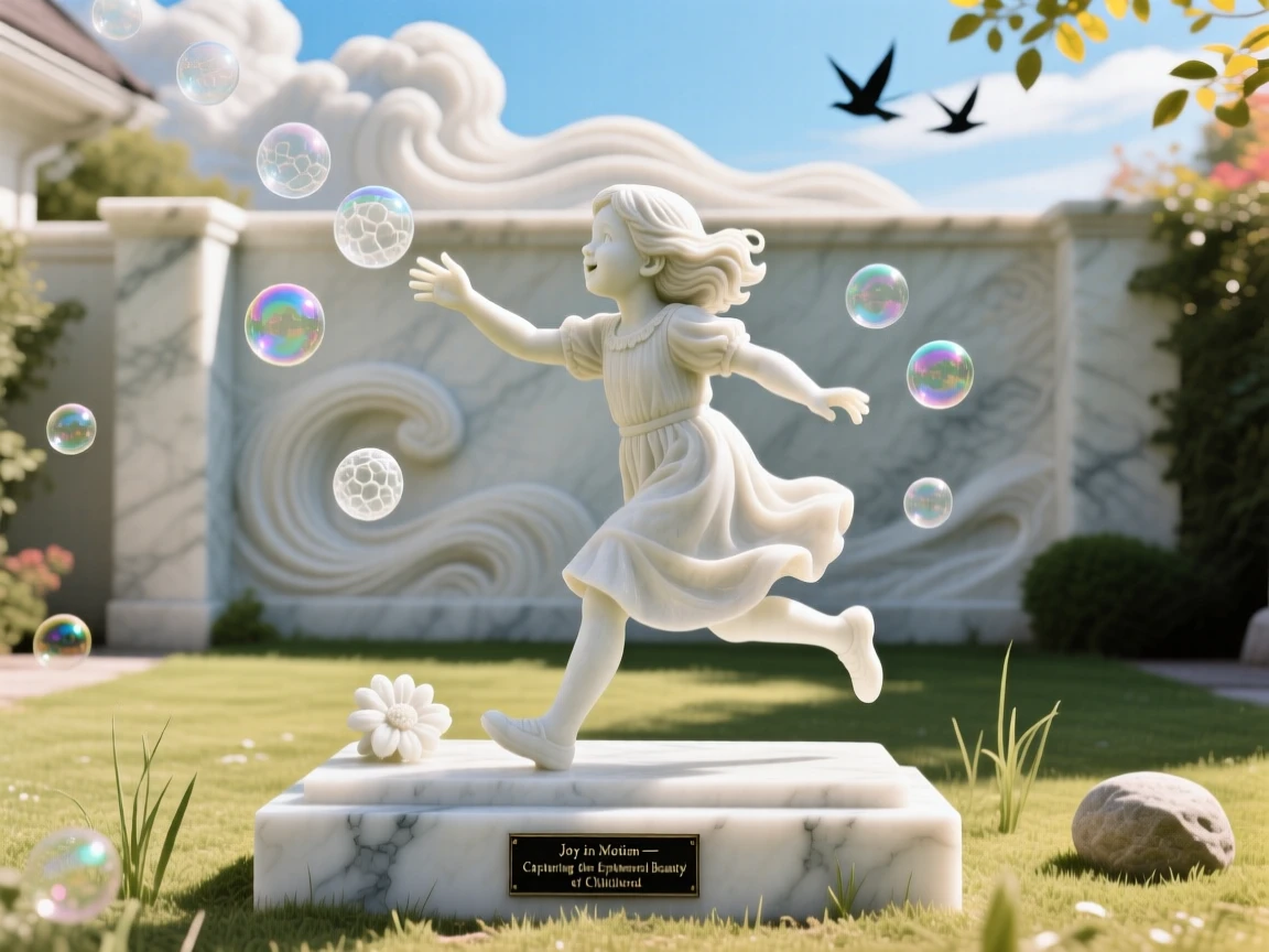 A vivid, emotionally rich scene of a young girl chasing bubbles in a sunlit yard, under a brilliant, colorful sky, designed to captivate and inspire