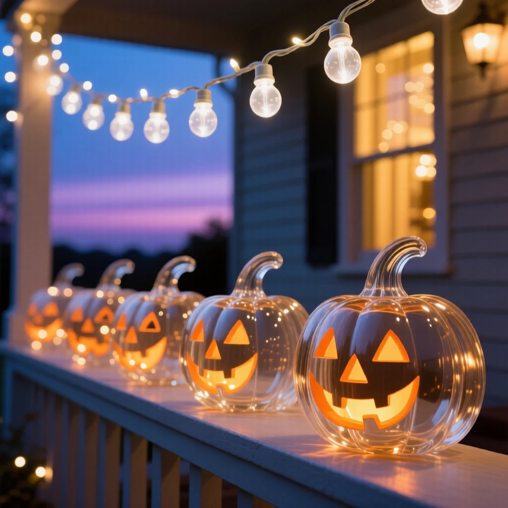 Beneath strings of twinkling holiday lights, a row of carved pumpkins glowing on a porch at dusk, while warm light spills from every window nearby