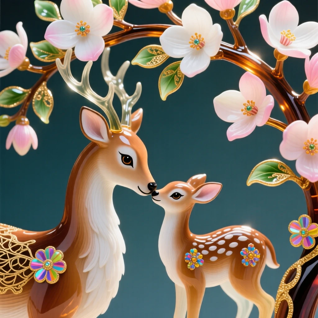 A mother deer nuzzling her fawn beneath a canopy of blooming dogwood, tender and serene.