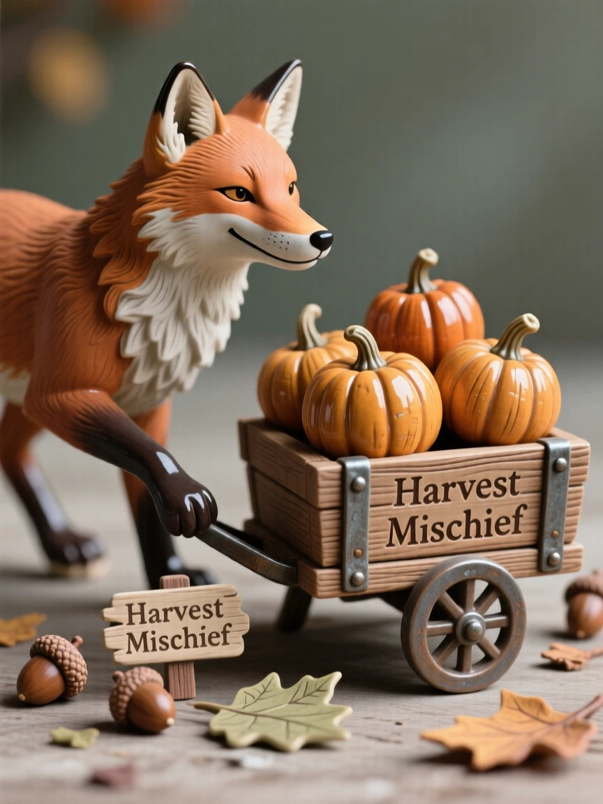A fox pulling a small cart of pumpkins frozen in a moment of quiet, gentle mischief, surrounded by tiny, carefully placed props, capturing the magic of imaginative make-believe.