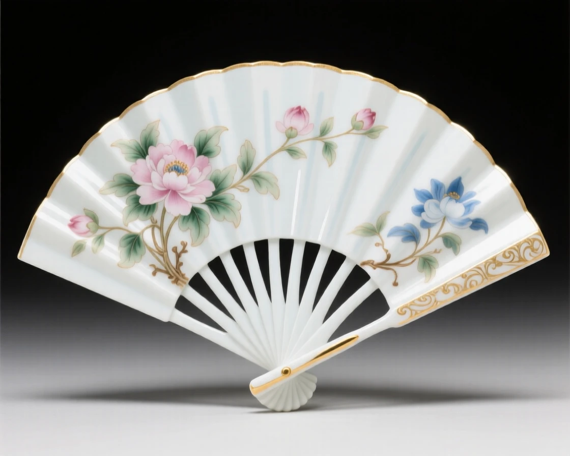 An elegant hand-painted fan spread open, radiating quiet old-world elegance.