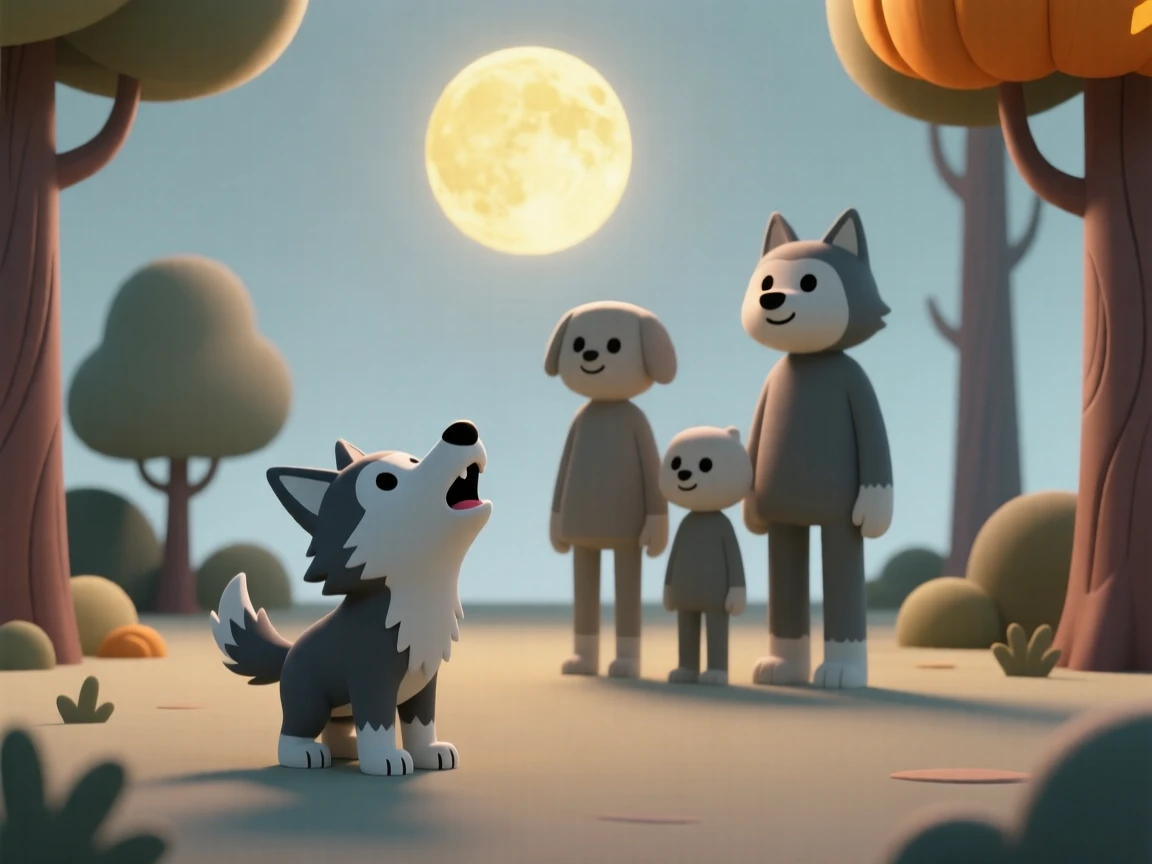 A friendly werewolf pup practices howling alongside its family beneath a glowing harvest moon in a quiet forest clearing.