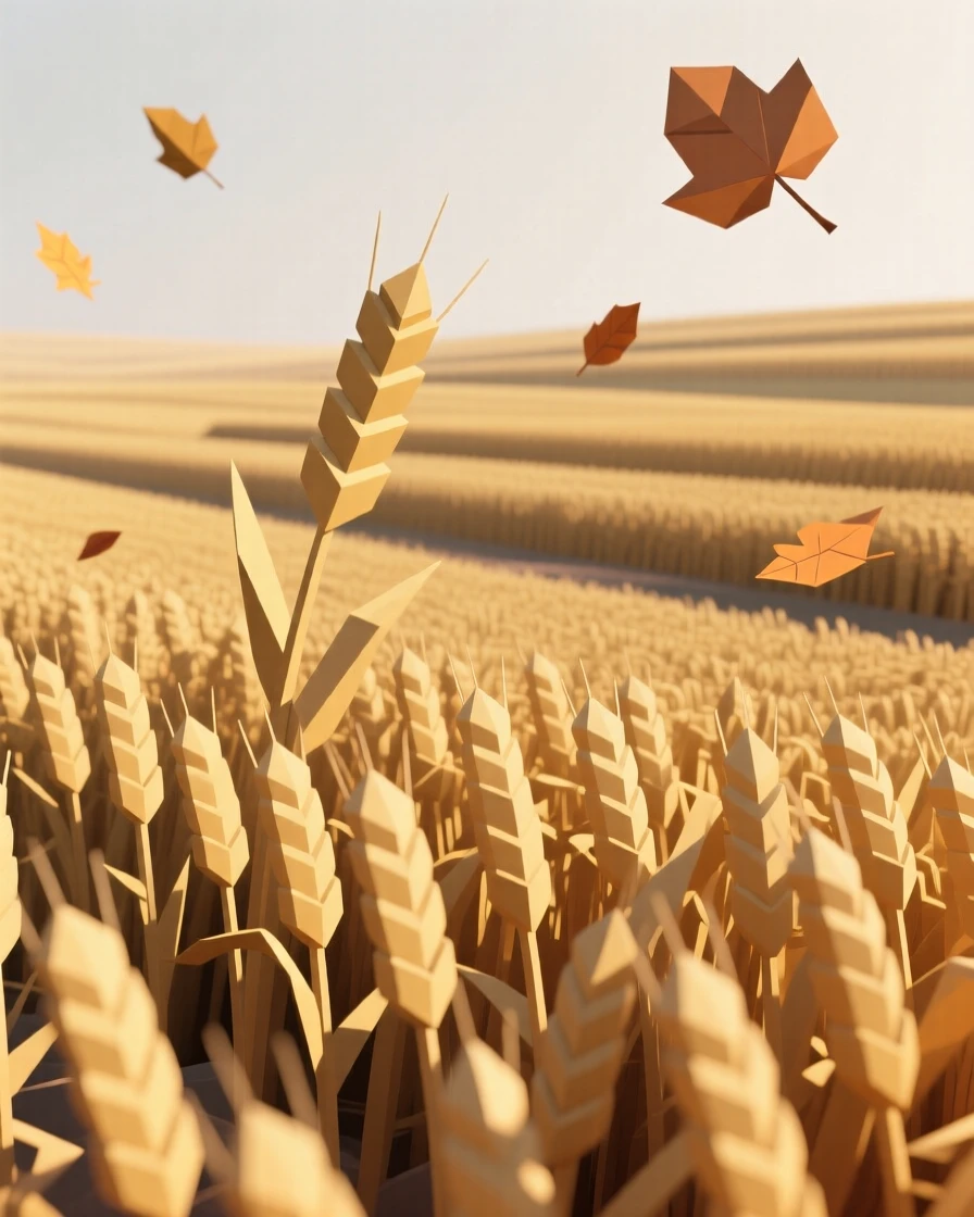 A golden wheat field swaying in the wind, as autumn leaves drift through the air. layers of color create a striking sense of depth. The scene feels vast and awe-inspiring.