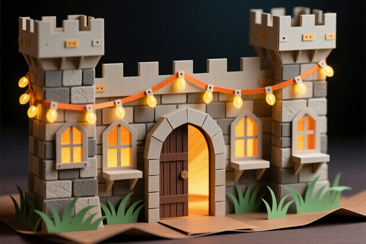 A centuries-old stone castle illuminated by strings of warm lights, with warm interior light spilling outward, evoking quiet historic charm.