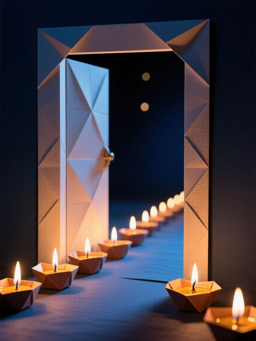 A Diwali celebration with rows of small oil lamps lighting a doorway at night.