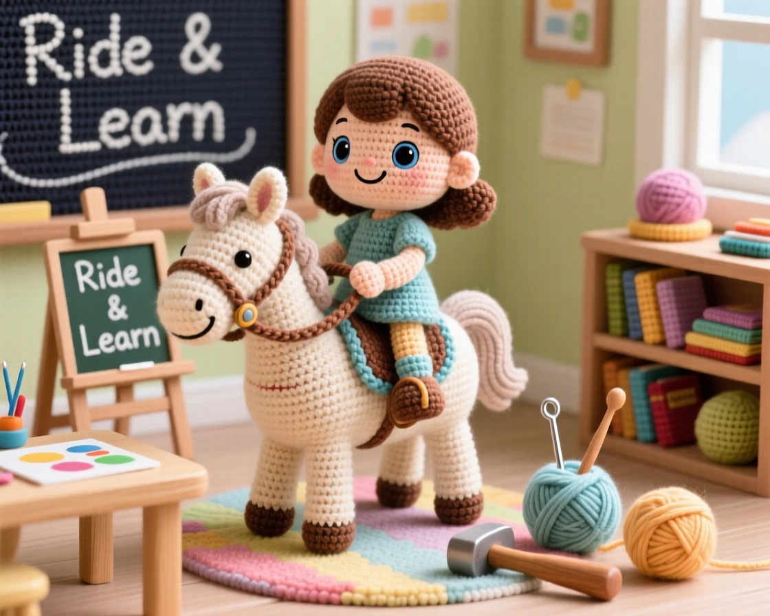 A cheerful scene of a little girl practicing horseback riding on a gentle pony, holding the reins with confident hands within a bright classroom corner set up for a project; a favorite well-worn tool resting close by nearby, full of joyful discovery and playful learning.