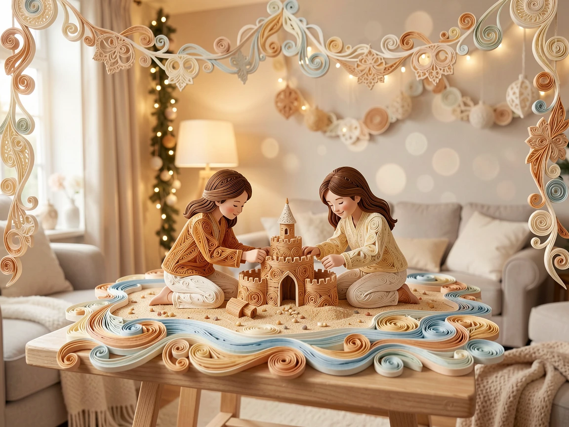 two siblings building a sandcastle together at the beach, in a softly lit living room decorated for the holidays, framed with soft bokeh in the background, in soft, cozy tones of amber and cream.