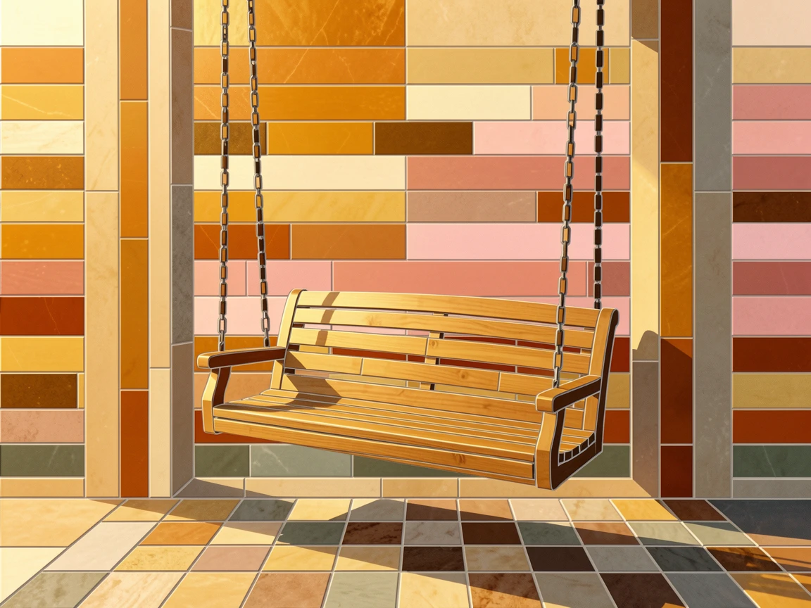 A quiet countryside porch swing overlooking a golden sunset, with soft warm lighting and an inviting, peaceful atmosphere.
