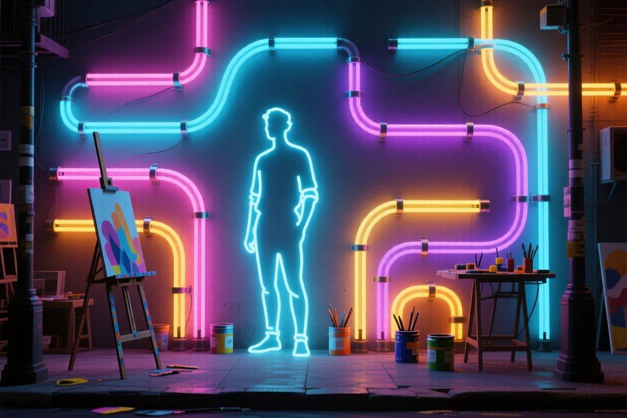 A wide shot of a street artist standing in the environment where they work.