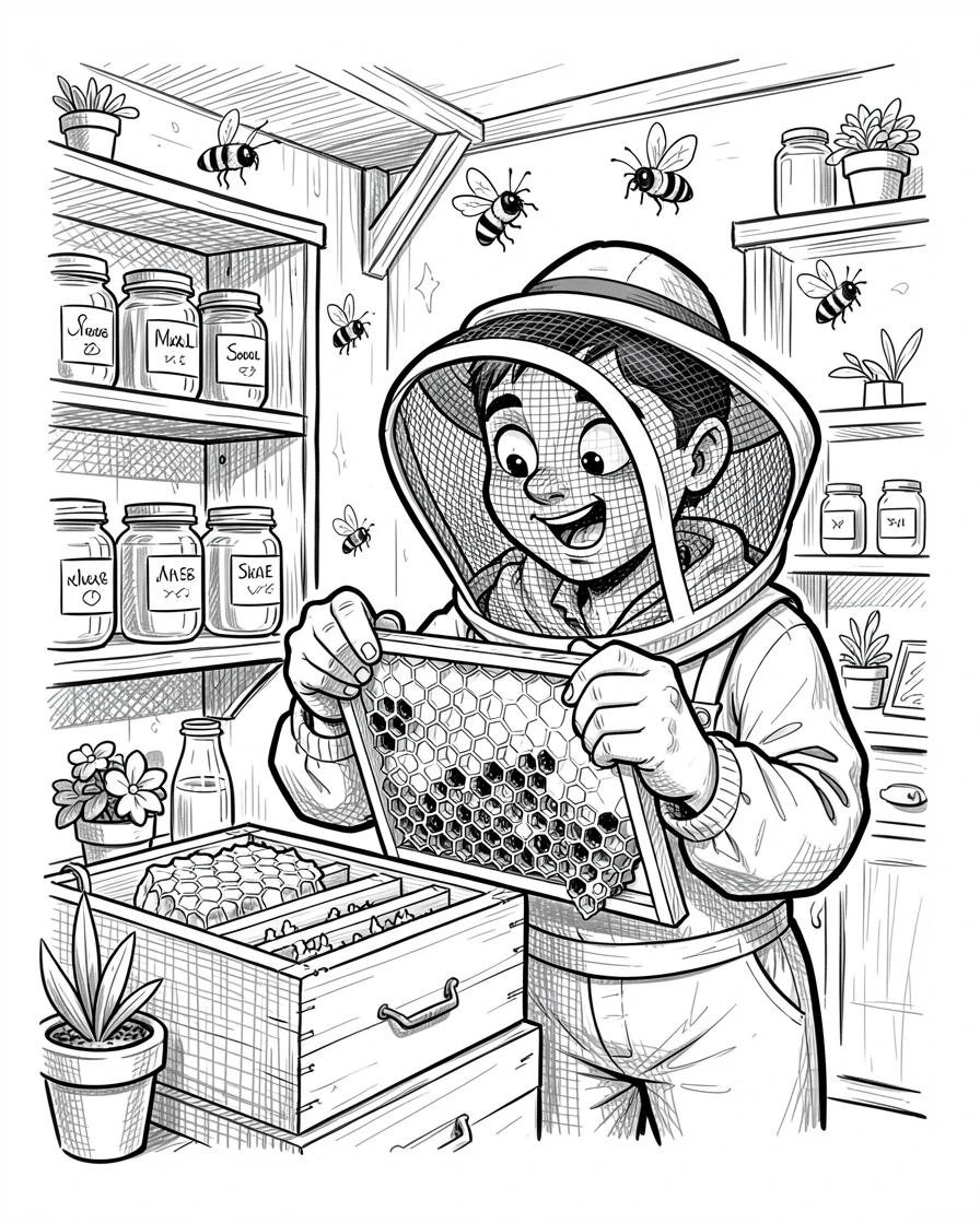 A beekeeper checking a hive full of honeycomb inside a charming little shop.