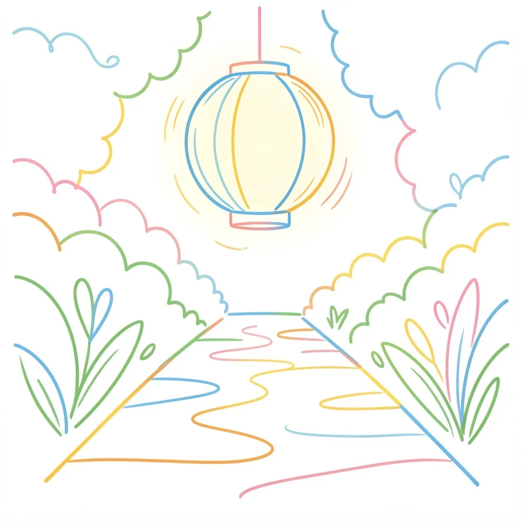 A single paper lantern glowing softly above a quiet garden path.