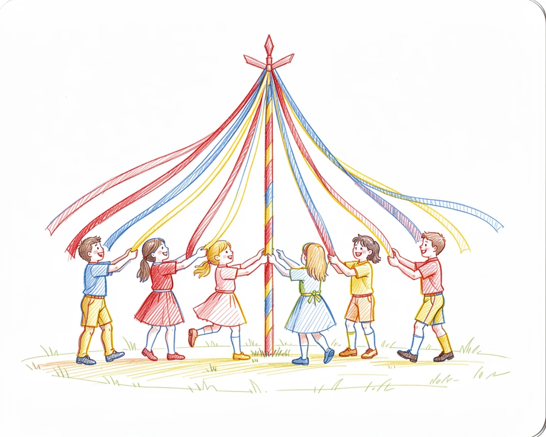 A traditional maypole dance with children weaving colorful ribbons