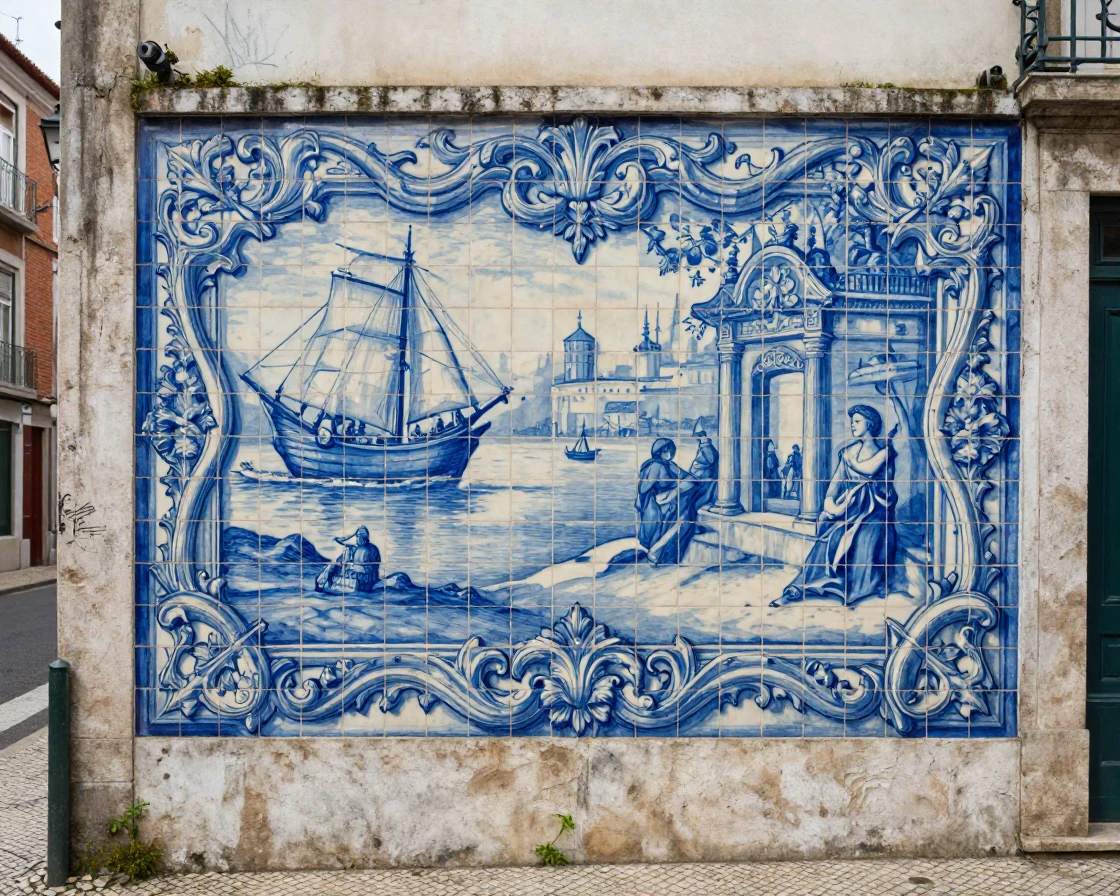 A traditional Portuguese azulejo tile mural on a city wall