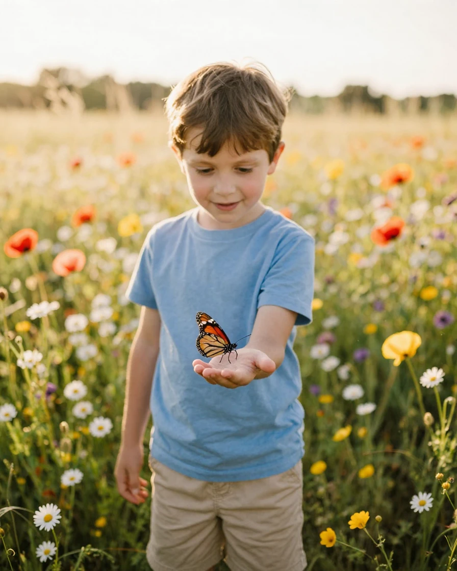 A butterfly lands on a child's outstretched palm in a wildflower meadow.