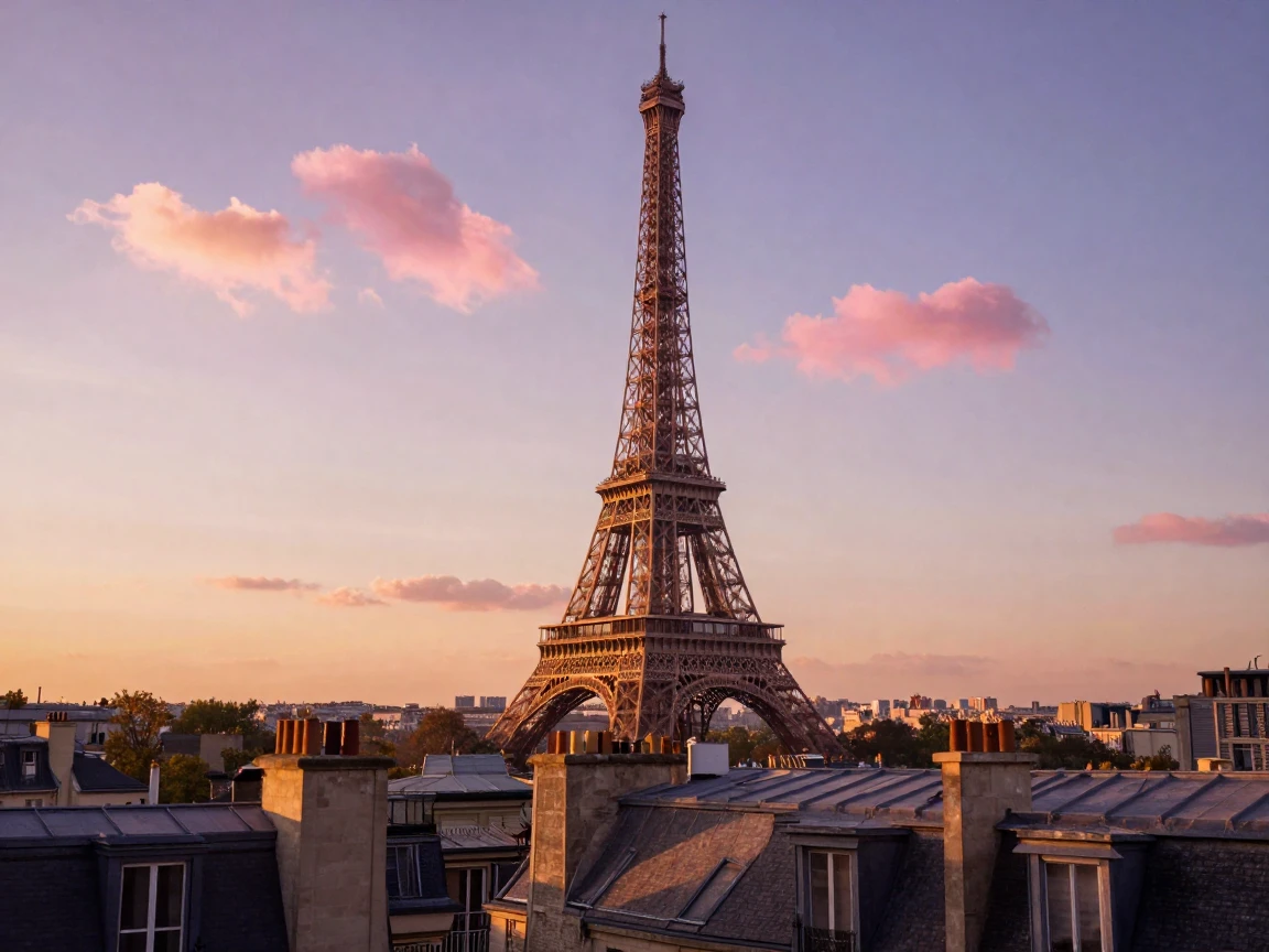 The Eiffel Tower rising above rooftops as pink clouds drift overhead at sunset