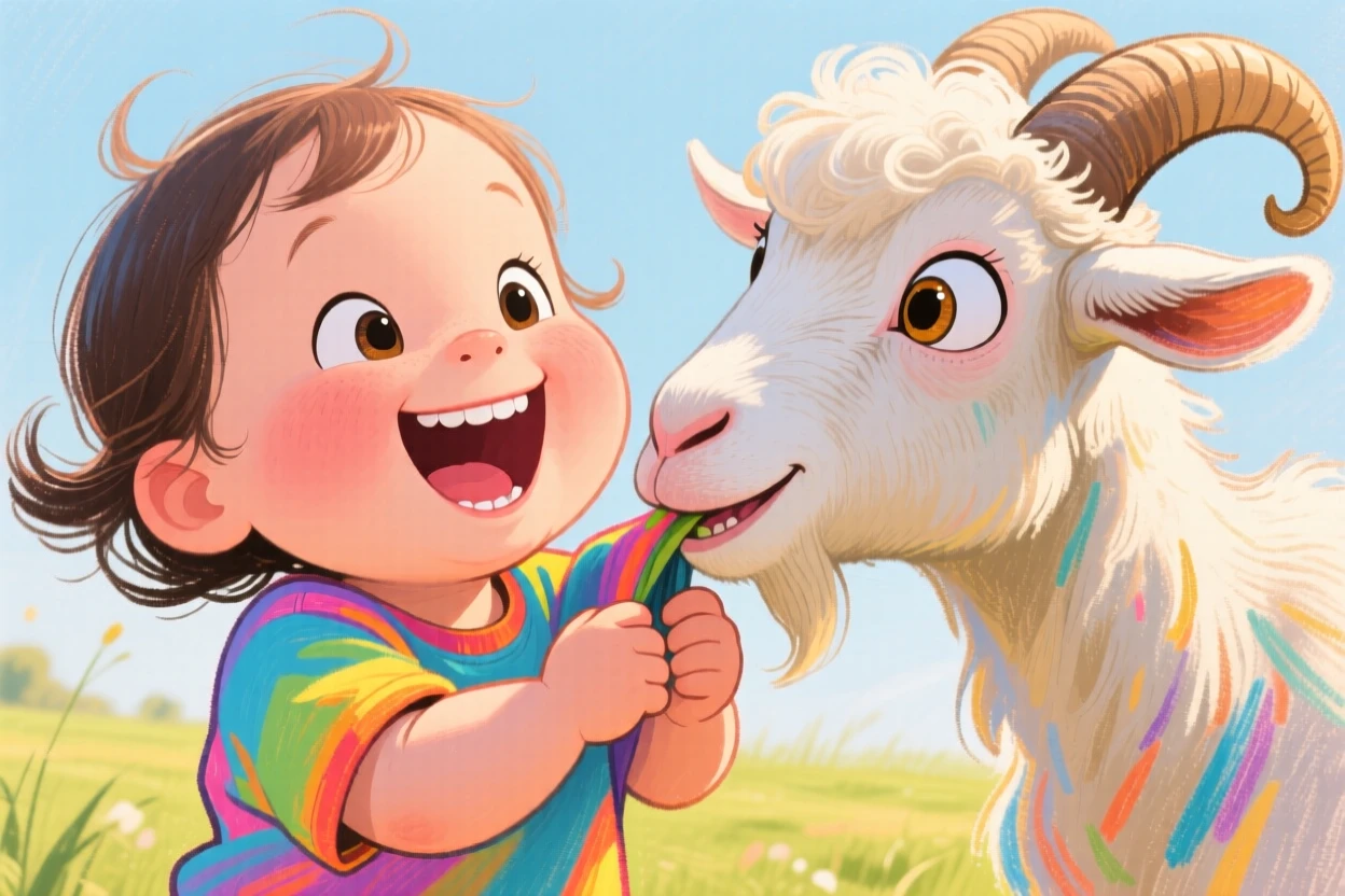 A toddler giggling as a friendly goat nibbles gently on her sleeve.