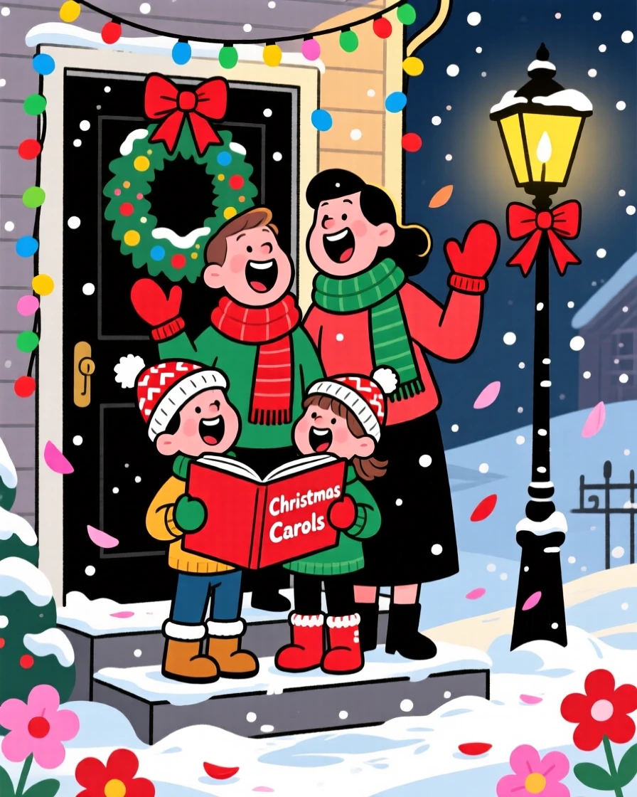A festive celebration scene of a family singing carols together on a snowy doorstep, as flower petals drift through the air.