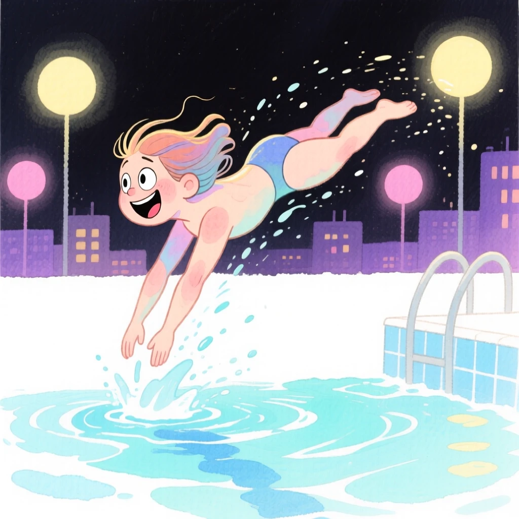 A swimmer diving into a pool landing a trick under city lights