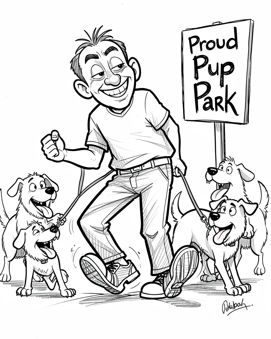 [Funny & Exaggerated Situations] Comical scene of an overconfident dog walker tripping over their own feet, exaggerated for maximum laughs