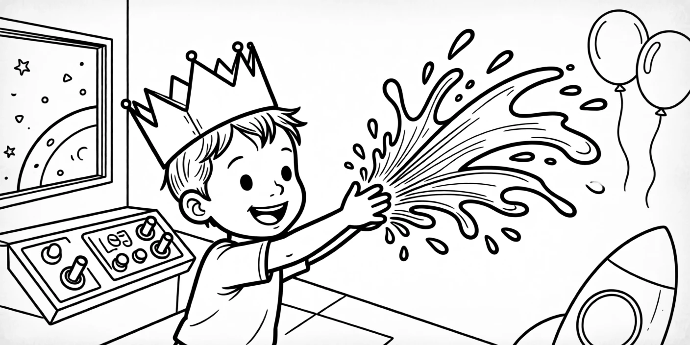 A child proudly wearing a paper crown, sending water splashing dramatically in every direction, set in a living room turned imaginary rocket ship. Balloons bob gently in the background. There's an innocent, giggly charm to the whole moment.